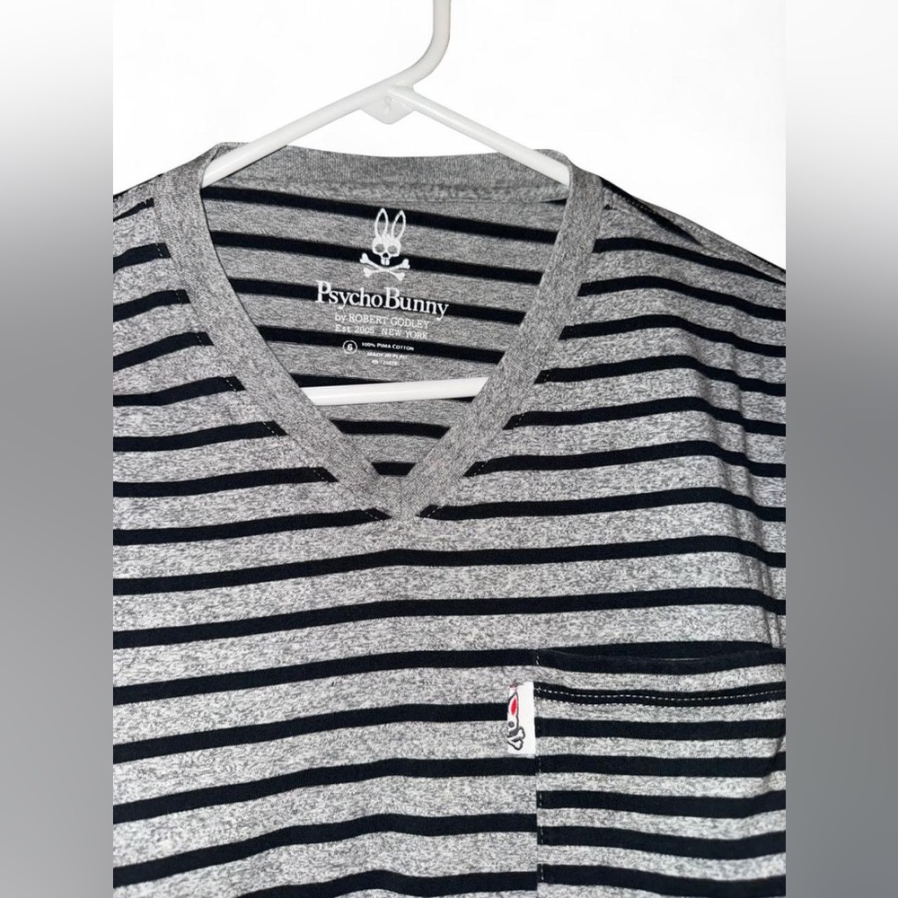 Psycho Bunny Black and Gray Striped V-Neck Tee